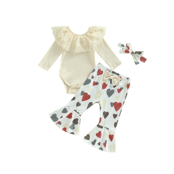 Aunavey 3Pcs My First Valentines Day Baby Girls Outfit Long Sleeve Romper Heart Bell Bottoms Headband