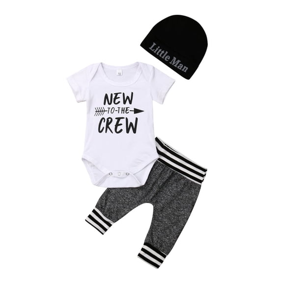 Aunavey Baby Boy Clothes New to The Crew Letter Print Romper+Long Pants+Hat