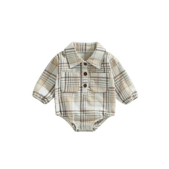 Aunavey Baby Boy Girl Flannel Plaid Shirt Romper Lapel Button Down Bodysuit Tops Fall Winter Clothes
