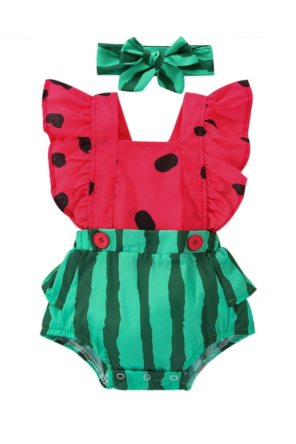 Baby Girl's Watermelon Print Ruffles Romper Summer Clothes with Headband