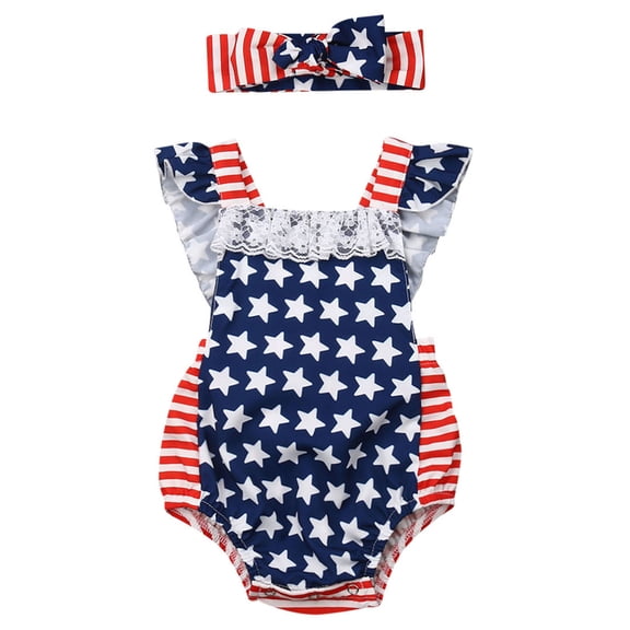 Aunavey Baby Girls 4th of July Outfits Ruffled Romper American Flag Striped Jumpsuit Headband