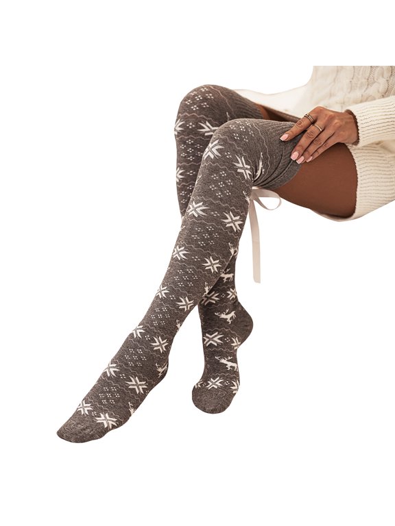 Christmas Snowflake Thigh High Socks for Women, Long Knit Stockings