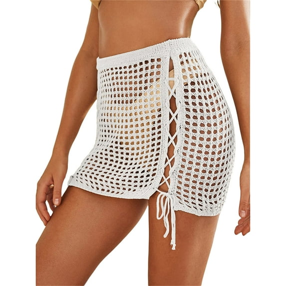 Aunavey Crochet Cover Up Skirt for Women Sheer Hollow Out Swimsuit Beach Mini Skirt Bikini Net Coverups