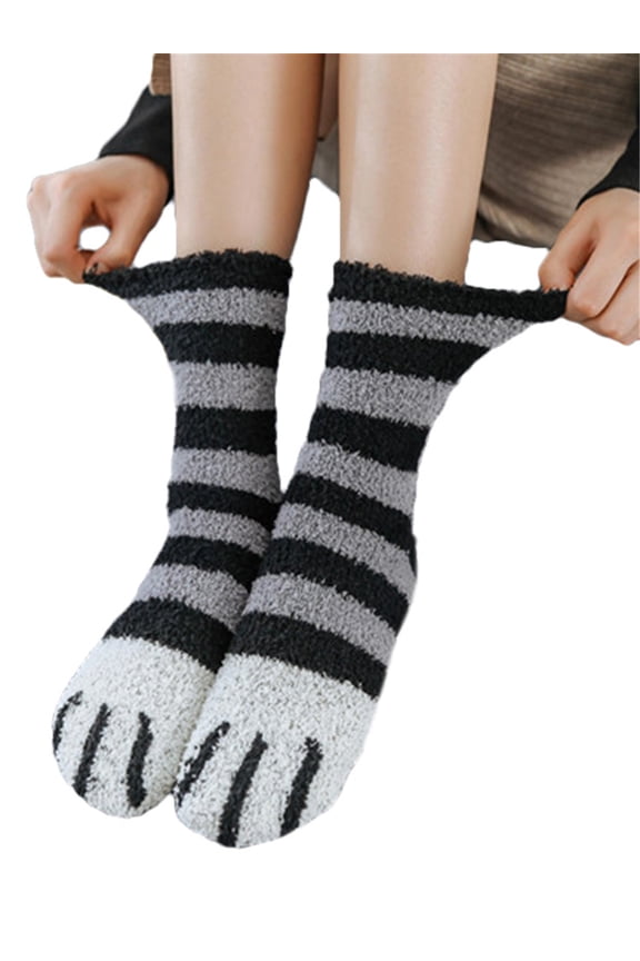 Cute Cat Claw Design Coral Fleece Cozy Slipper Sock for Womens Winter Indoor