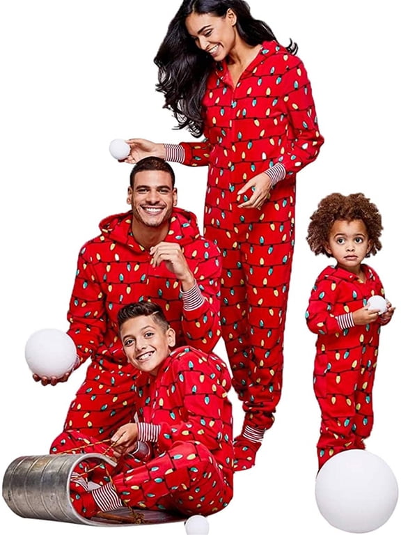 Family Matching Christmas Pajamas Set Sleepwear Jumpsuit Hoodie with Hood for Family