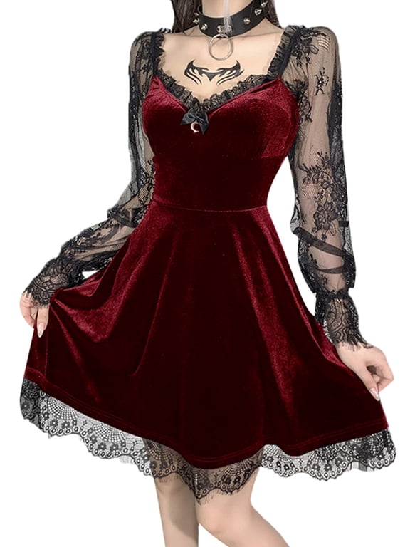 Gothic Dress for Women Lolita Lace Dress Grunge Velvet Black Vintage Dress Long Sleeve Punk Dress