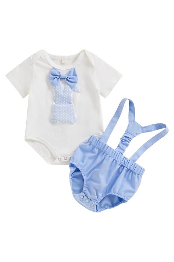 Infant Baby Boy Gentleman Easter Rabbit Outfits Suits Summer Short Sleeve Bowtie Bodysuit Shirts Suspender Shorts