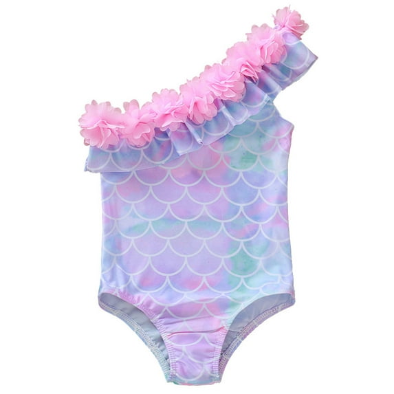 Aunavey Kid Toddler Baby Girl Summer Swimsuit Flower Ruffle Mermaid Fish Scale Swimwear