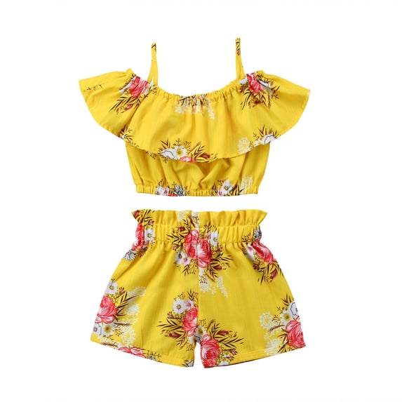 Aunavey Kids Girl Summer Floral Halter Ruffled Outfits Tops+Shorts 2PCS-Set