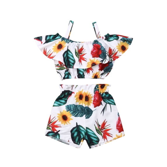 Aunavey Kids Girl Summer Floral Halter Ruffled Outfits Tops+Shorts 2PCS-Set