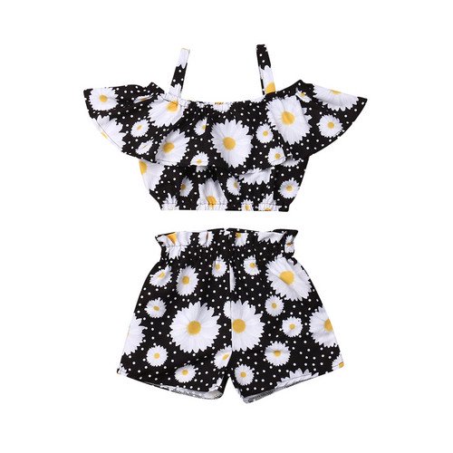 Aunavey Kids Girl Summer Floral Halter Ruffled Outfits Tops+Shorts 2PCS-Set