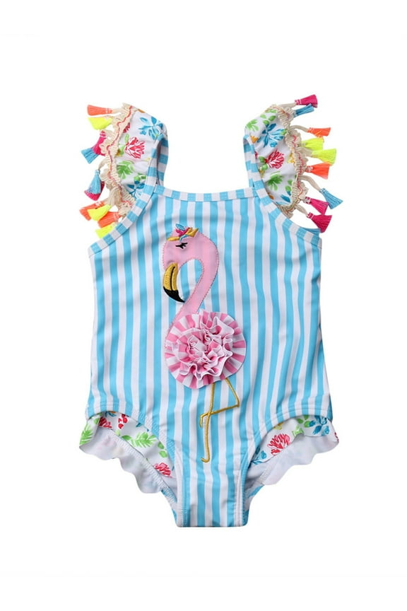 Kids Toddler Baby Girl One Piece Swimsuit Beach Wear Striped Flamingo Tassels Swimwear Bathing Suits 0-7T
