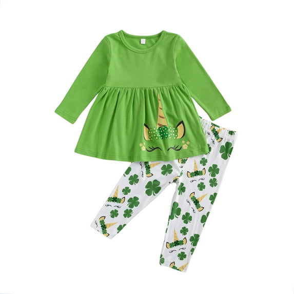 Aunavey Kids Toddler Baby Girl St. Patrick's Day Outfit Long Sleeve Ruffle Tunic Top Dress Clover Pants Leggings Set