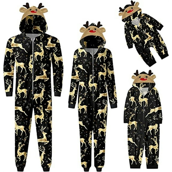 Aunavey Matching Family Christmas Onesies Pajamas Sets Elk Antler Hooded Romper PJ's Zipper Jumpsuit