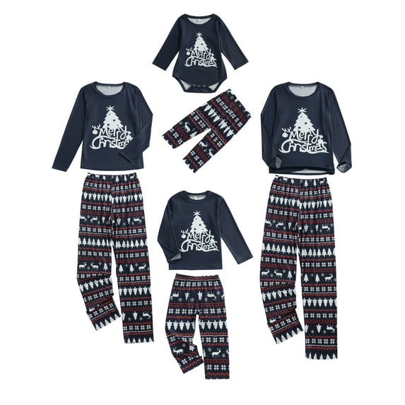 Aunavey Matching Family Christmas Pajamas Navy Blue Xmas Holiday Sleepwear Jammies Clothes Long Sleeve PJs Set