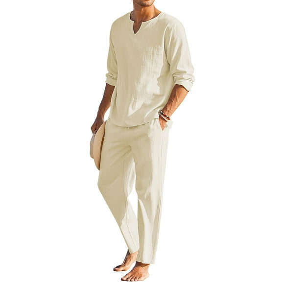 Aunavey Men's 2 Pieces Cotton Linen Set Henley Shirt Long Sleeve and Casual Beach Pants Summer Yoga Outfits