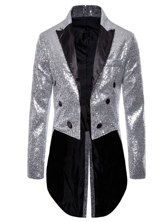 Mens Sequin Tuxedo Jacket Tails Slim Fit Tailcoat Dress Coat Swallowtail Dinner Party Wedding Blazer Suit