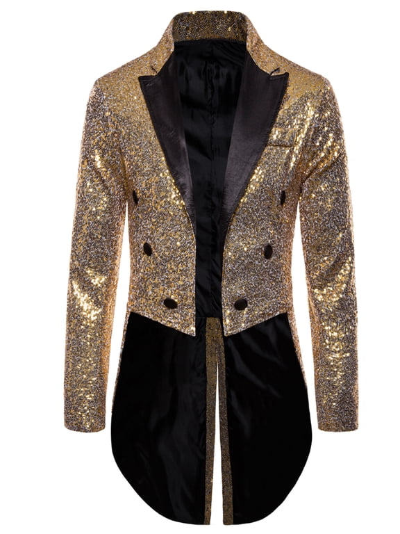 Mens Sequin Tuxedo Jacket Tails Slim Fit Tailcoat Dress Coat Swallowtail Dinner Party Wedding Blazer Suit