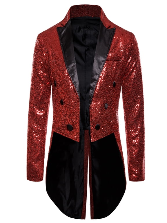 Mens Sequin Tuxedo Jacket Tails Slim Fit Tailcoat Dress Coat Swallowtail Dinner Party Wedding Blazer Suit
