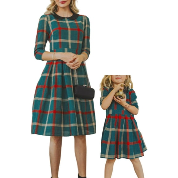 Aunavey Mommy and Me Outfits Women Plaid Christmas Dresses 3/4 Long Sleeve Family Matching Clothes
