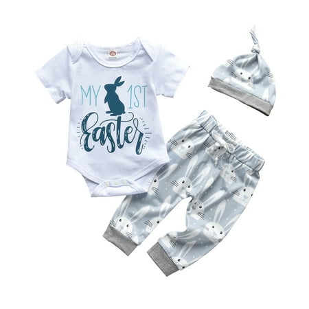 Aunavey My First Easter Outfits Baby Boy Girl Bunny Romper Long Pants Hat 3Pcs Clothes Set