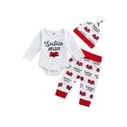 Aunavey My First Valentine Day Outfits Infant Baby Boy Girl Romper Pants with Hat 3pcs Clothes Set
