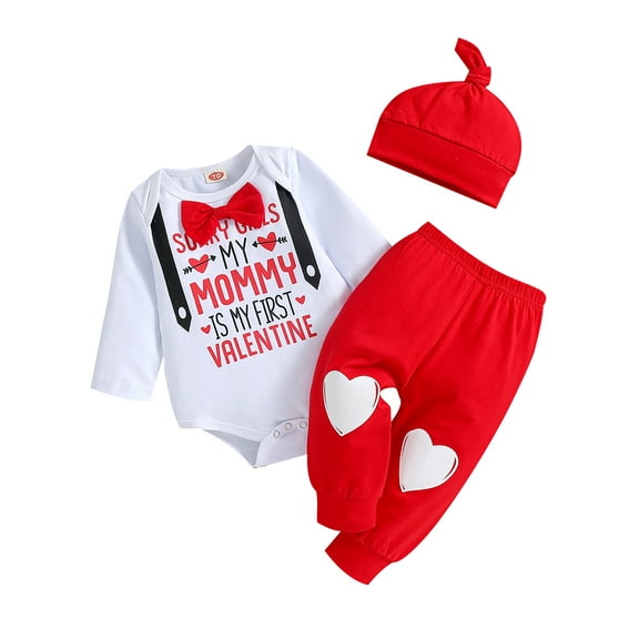 Aunavey My First Valentine's Day Baby Boy Outfit Gentleman Romper Red Heart Pants Set with Hat
