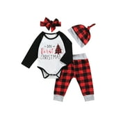 Aunavey Newborn Baby Boy Girl My First Christmas Outfits Long Sleeve Romper Bodysuit Plaid Pants Clothes Set