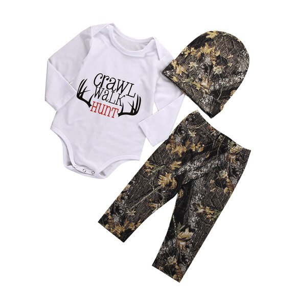 Aunavey Newborn Baby Boys Long Sleeve Letters Deer Romper Bodysuit Pants Hat Outfit Clothes Set