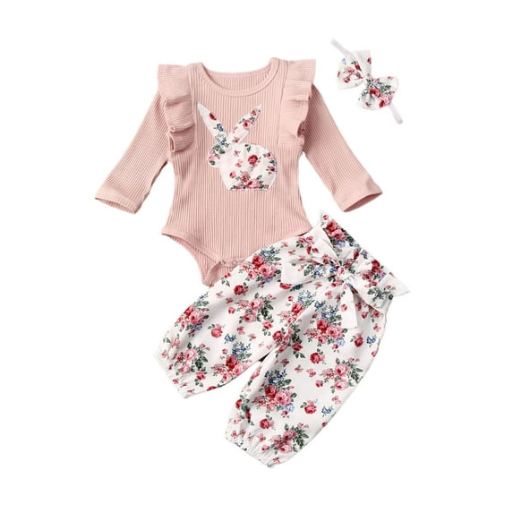 Aunavey Newborn Infant Baby Girls Easter Outfits Bunny Romper Bodysuit Floral Pants Headband 3Pcs Clothes Set