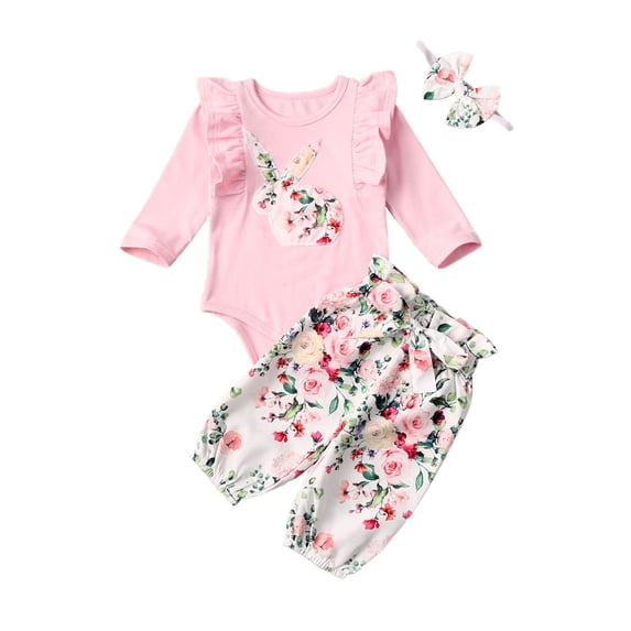 Aunavey Newborn Infant Baby Girls Easter Outfits Bunny Romper Bodysuit Floral Pants Headband 3Pcs Clothes Set