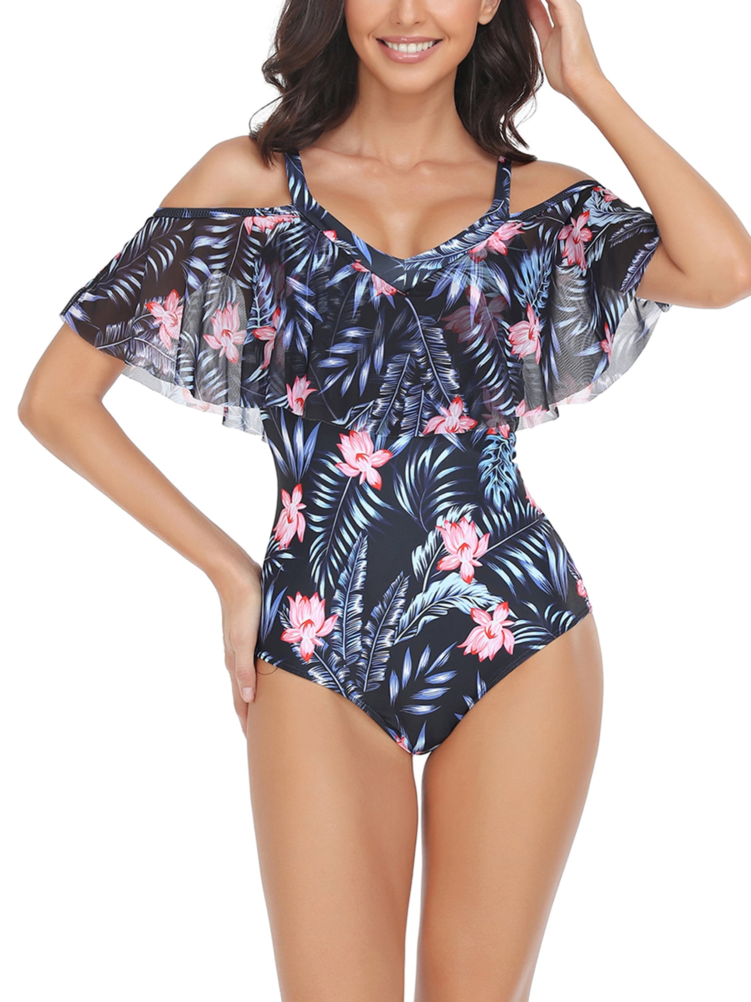Aunavey One Piece Swimsuits for Women Off Shoulder Ruffle Bathing