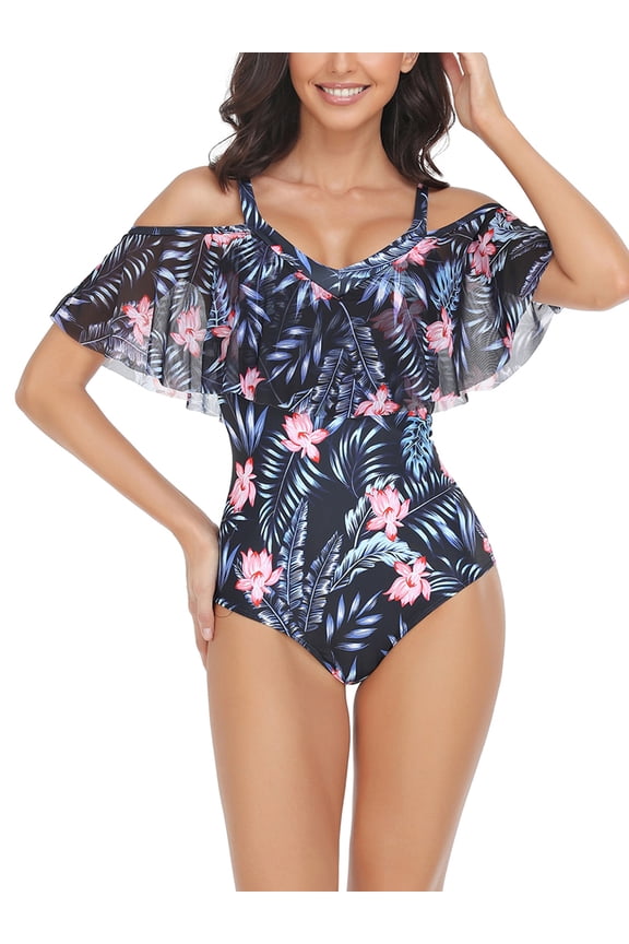 One Piece Swimsuits for Women Off Shoulder Ruffle Bathing Suits Flounce Tummy Control Swimwear