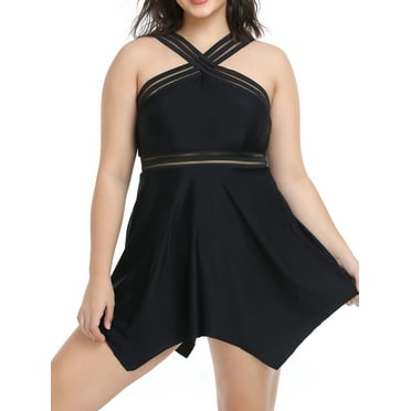 Aunavey Plus Size Two Piece Swim Dress with Boyshorts for Women Mesh Tankini Swimsuits Flowy Bathing Suits