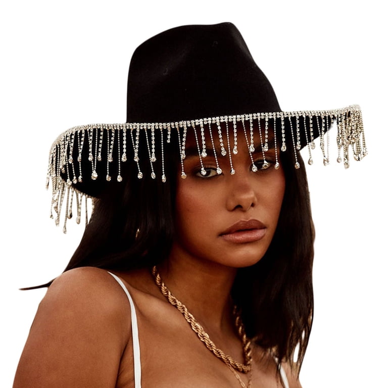 Aunavey Rhinestone Cowgirl Hat, Glitter Fringe Western Hat  display picture 3