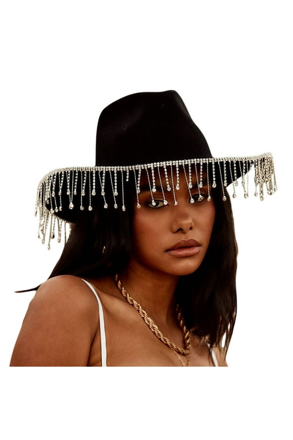 Rhinestone Cowgirl Hat Bling Diamond Glitter Fringe Cowboy Western Hat for Women Cosplay Party Costume