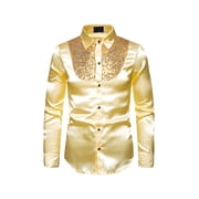 Aunavey Shirt for Men Luxury Prom Design Slim Fit Sequin Shiny Button Down Long Sleeve Shirts Party Floral Dress Shirts