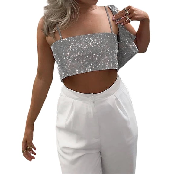Aunavey Sparkle Sequin Silver Tops for Women Spaghetti Strap Crop Tank Tops Cami Vest Tube Top