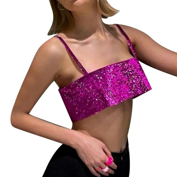 Aunavey Sparkle Sequin Silver Tops for Women Spaghetti Strap Crop Tank Tops Cami Vest Tube Top