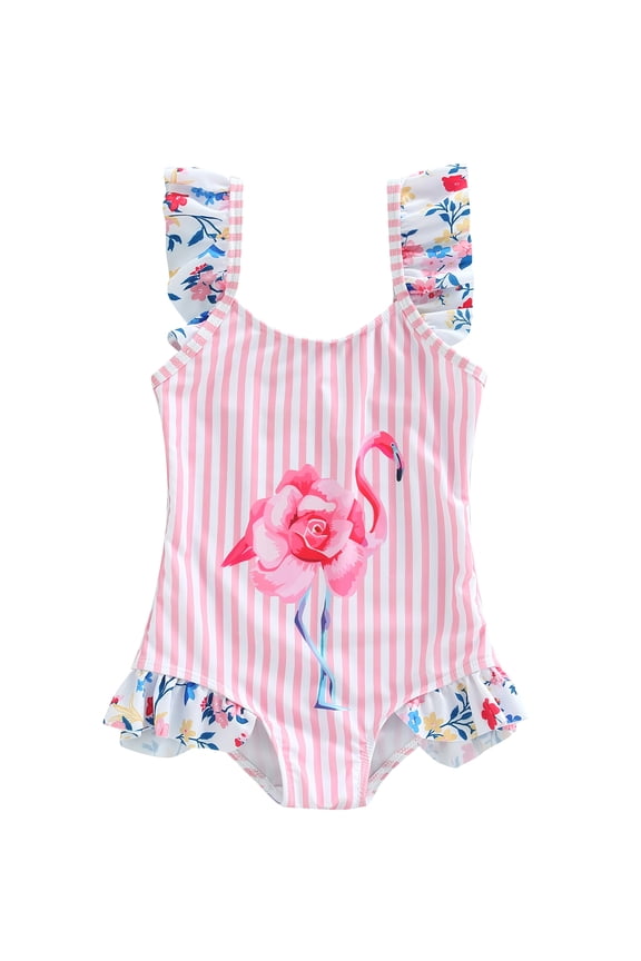 Striped Flamingo Backless Polyester, One-Piece Swimsuit (Girl's), Size 3-4