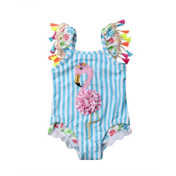 Aunavey Striped Flamingo Tassels One-Piece Swimsuit (Girl’s, Sizes 0-7T)