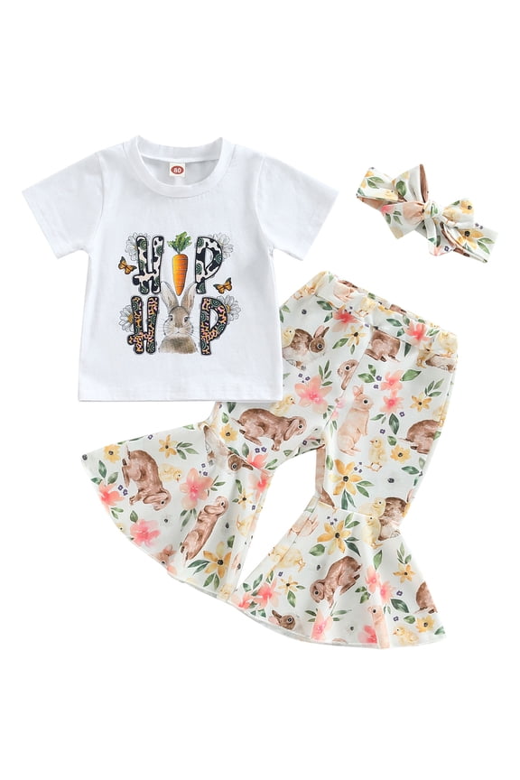 Toddler Baby Girl Easter Outfits Bunny Short Sleeve T-shirt Tops Flared Rabbit Pants Summer Clothes 1-5Y