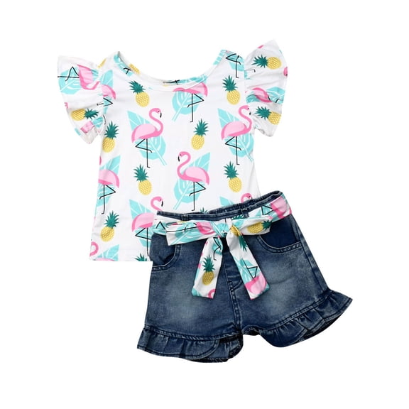 Aunavey Toddler Baby Girls Summer Shorts Set Flamingo Shirts Top Short Jeans Pants Clothes Outfits