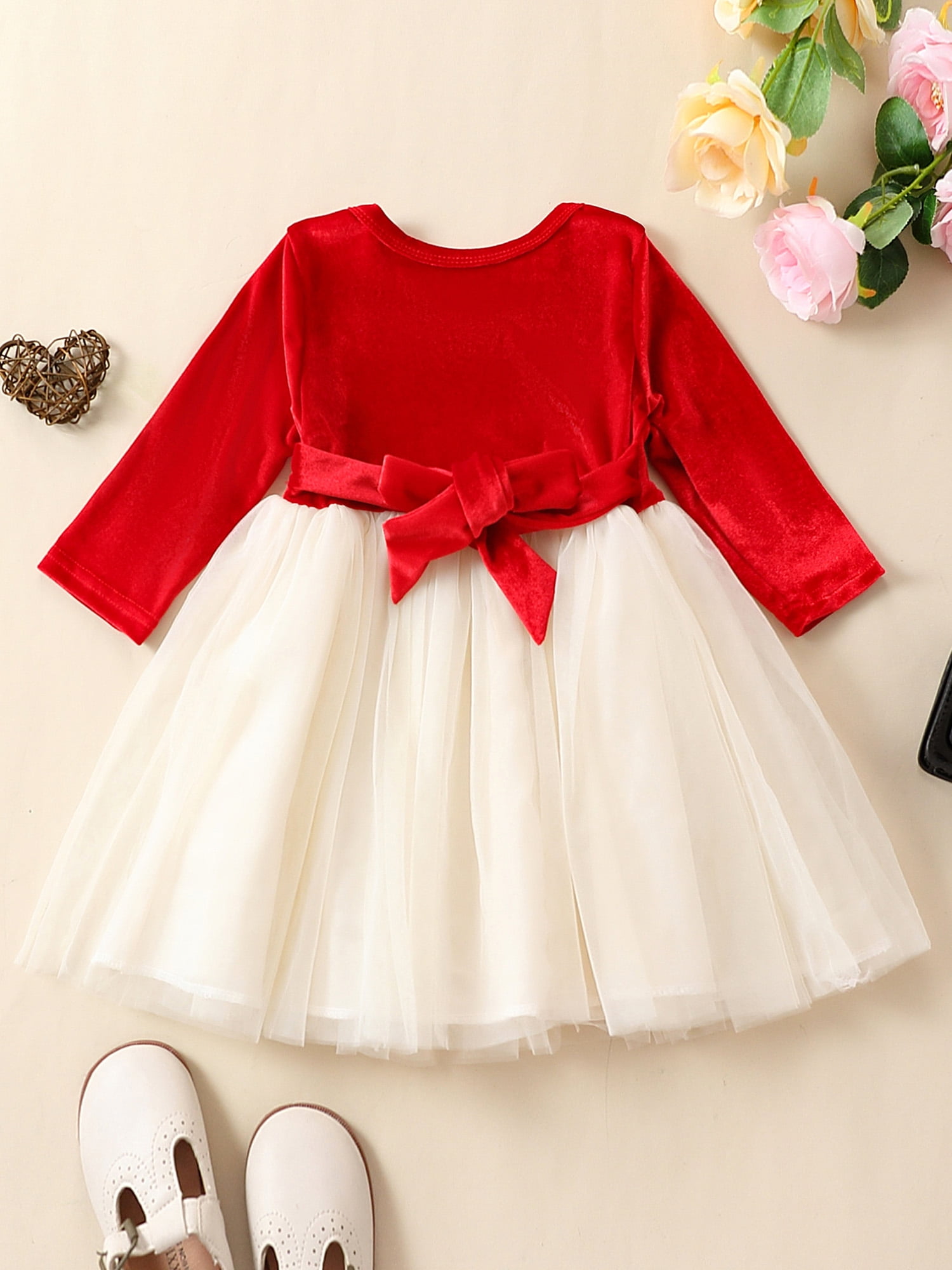 Aunavey Toddler Girl Fall Dress, Velvet Long Sleeve Round Neck Tulle