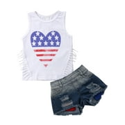 Aunavey Toddler Kids Girl 4th of July Outfit American Flag Top Shirt Denim Short Independence Day Set Summer Clothes