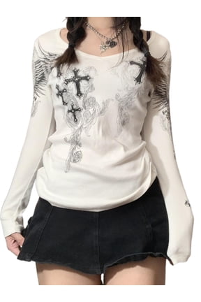 Vintage Fairy Print Long Sleeve Blouse Top for Women Rhinestone Graphic T-Shirts 90S Grunge Tees
