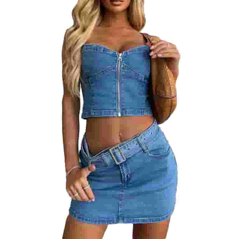 Aunavey Women Piece Denim Skirt Set Outfit Strap Zipper Crop Top
