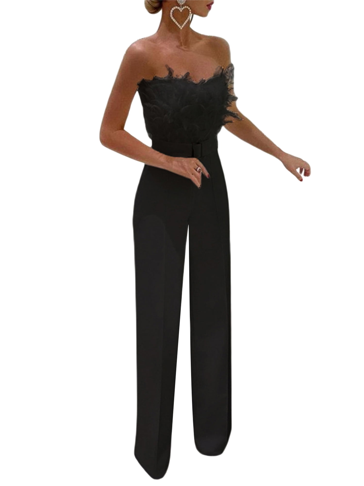 Aunavey Women Elegant Jumpsuit Feather Tube Top Romper Formal Special Occasion Dressy Long Pants