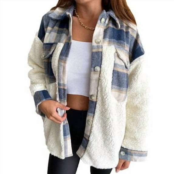 Aunavey Women Fuzzy Sherpa Fleece Jacket Button Collar Plaid Plush Patchwork Shirt Tops Coat with Pockets