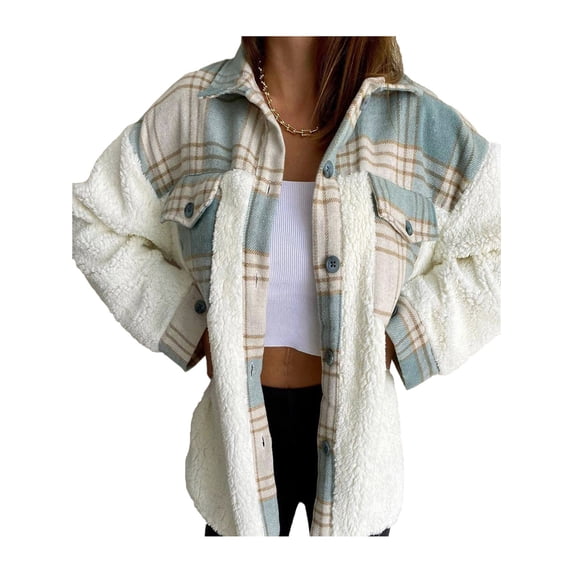 Aunavey Women Fuzzy Sherpa Fleece Jacket Button Collar Plaid Plush Patchwork Shirt Tops Coat with Pockets